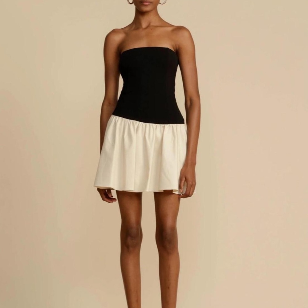 NWT Arcina Ori Celine Black White Drop Waist Strapless Mini Dress Extra Small